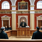 **

*   Prompt: Historical legal system in Russia. Show Byzantine influences, Slavic traditions, and Tsarist era autocracy merging into modern legal reforms. Possibly a courtroom scene with historical figures subtly present.

**