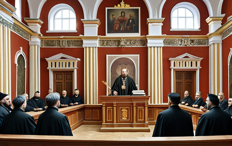 **
* Prompt: Historical legal system in Russia. Show Byzantine influences, Slavic traditions, and Tsarist era autocracy merging into modern legal reforms. Possibly a courtroom scene with historical figures subtly present.
**
