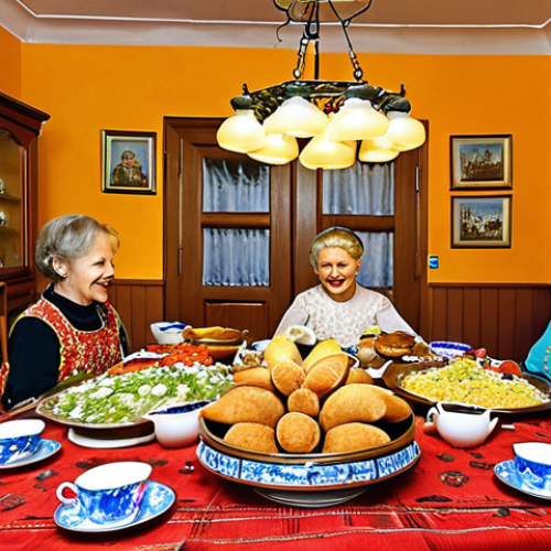 Home 21 A warmly lit, inviting interior of a traditional Russian home. A large wooden table is laden with an abundant spread of typical Russian dishes: vibrant salads, homemade bread, pickled vegetables, and hearty main courses. A steaming, ornate samovar stands prominently in the center, surrounded by teacups, jam, and lemon slices. Family members and guests of various generations are gathered around, sharing laughter and engaging in lively conversation, embodying the overwhelming Russian hospitality and a sense of shared joy.