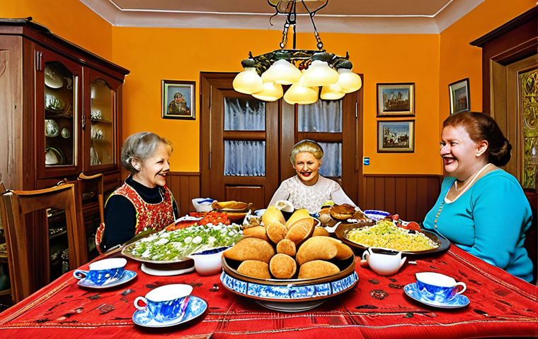 A warmly lit, inviting interior of a traditional Russian home. A large wooden table is laden with an abundant spread of typical Russian dishes: vibrant salads, homemade bread, pickled vegetables, and hearty main courses. A steaming, ornate samovar stands prominently in the center, surrounded by teacups, jam, and lemon slices. Family members and guests of various generations are gathered around, sharing laughter and engaging in lively conversation, embodying the overwhelming Russian hospitality and a sense of shared joy.