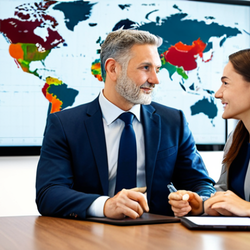 Home 20 A professional male and female business executive, both fully clothed in modest business suits, are seated at a large polished conference table in a modern, well-lit global finance office. They are engaged in a collaborative discussion, maintaining respectful eye contact and using professional gestures. On the table, there are open financial reports and a digital tablet displaying charts. The background features a subtle world map on the wall, symbolizing global markets and the complexities of international finance. The atmosphere is one of focused understanding and trust-building in a professional setting. Perfect anatomy, correct proportions, natural pose, well-formed hands, proper finger count, natural body proportions. High-resolution, professional photography, soft studio lighting. Safe for work, appropriate content, fully clothed, professional dress, family-friendly.