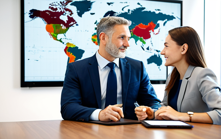 A professional male and female business executive, both fully clothed in modest business suits, are seated at a large polished conference table in a modern, well-lit global finance office. They are engaged in a collaborative discussion, maintaining respectful eye contact and using professional gestures. On the table, there are open financial reports and a digital tablet displaying charts. The background features a subtle world map on the wall, symbolizing global markets and the complexities of international finance. The atmosphere is one of focused understanding and trust-building in a professional setting. Perfect anatomy, correct proportions, natural pose, well-formed hands, proper finger count, natural body proportions. High-resolution, professional photography, soft studio lighting. Safe for work, appropriate content, fully clothed, professional dress, family-friendly.