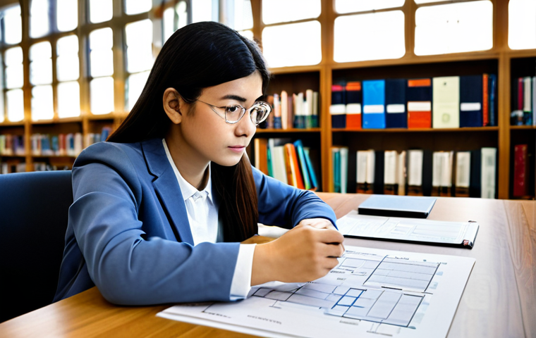 A focused, professional woman, dressed in a modest business casual outfit, is seated at a large wooden desk. She intently observes a complex diagram or mind map spread out on her desk, which visually represents the interconnectedness of grammatical cases in a foreign language. Her expression shows deep concentration and a subtle hint of understanding dawning. The environment is a brightly lit, modern study or a quiet university library, with blurred bookshelves in the background, creating a calm and conducive atmosphere for deep learning. perfect anatomy, correct proportions, natural pose, well-formed hands, proper finger count, natural body proportions, professional photography, high resolution, soft lighting, sharp focus, fully clothed, modest clothing, appropriate attire, professional dress, safe for work, appropriate content, professional, family-friendly.