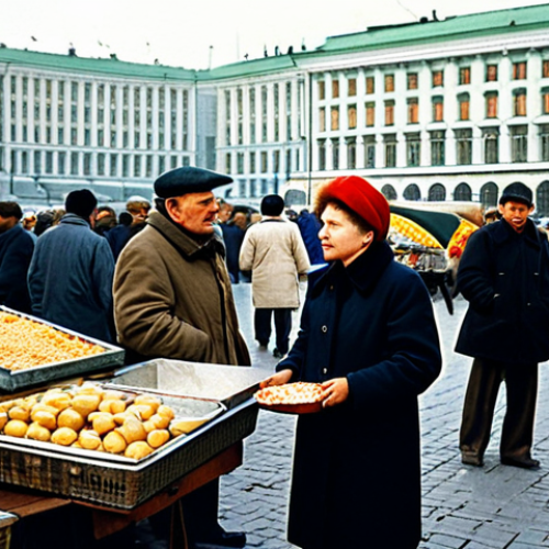 Home 17 러시아어와 러시아 정치 용어 - The Yeltsin Era - Chaos and Opportunity**
"A bustling outdoor market scene in Moscow during the 199...