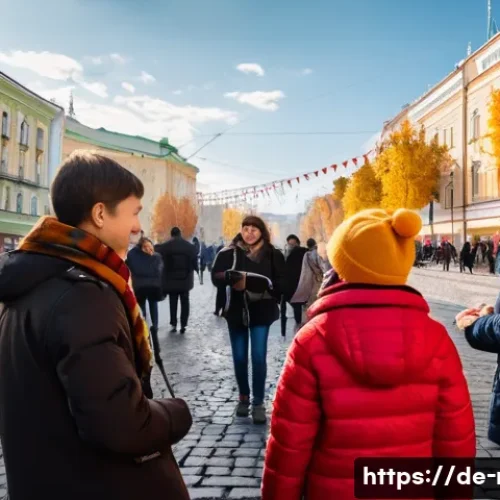 러시아어 사용 인구 - A vibrant urban street scene in Moscow during autumn, showcasing diverse people of various ages spea...