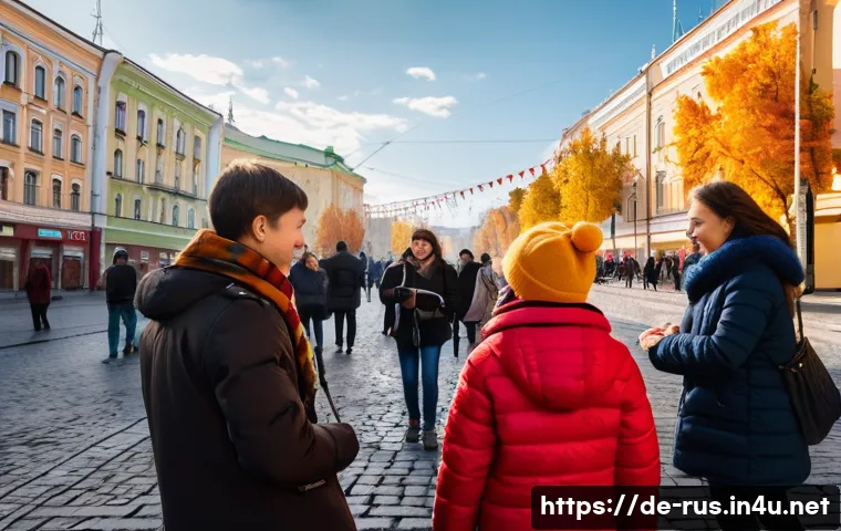러시아어 사용 인구 - A vibrant urban street scene in Moscow during autumn, showcasing diverse people of various ages spea...