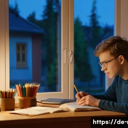 러시아어 빠르게 배우는 법 - A cozy home study scene showing a young German adult sitting at a wooden desk in a warmly lit room, ...