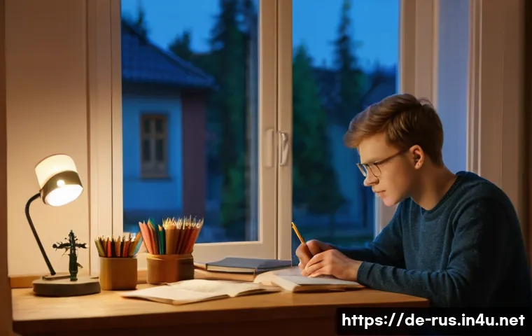 러시아어 빠르게 배우는 법 - A cozy home study scene showing a young German adult sitting at a wooden desk in a warmly lit room, ...