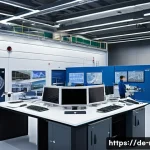러시아어와 러시아 기계공학 - A highly detailed industrial scene showcasing a modern Russian heavy machinery factory interior, fea...