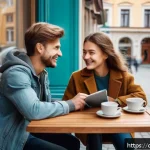 러시아어 회화 중급 - A cozy caf&eacute; scene in a modern European city, featuring two young adults engaged in a lively Russian ...