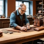 러시아어와 러시아 브랜드 - A high-end artisan workshop scene in Germany, showcasing a skilled craftsman handcrafting premium le...