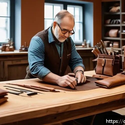 러시아어와 러시아 브랜드 - A high-end artisan workshop scene in Germany, showcasing a skilled craftsman handcrafting premium le...