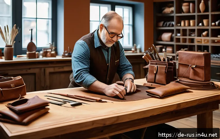 러시아어와 러시아 브랜드 - A high-end artisan workshop scene in Germany, showcasing a skilled craftsman handcrafting premium le...