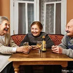 러시아어와 러시아 유머 - A cozy Russian living room scene featuring three generations of a family sharing laughter over a tra...