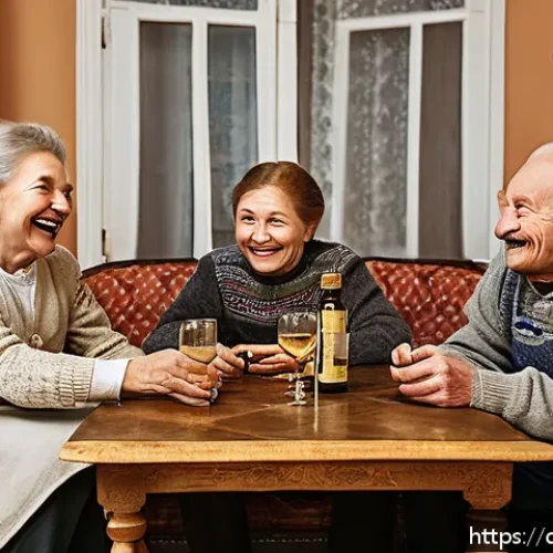러시아어와 러시아 유머 - A cozy Russian living room scene featuring three generations of a family sharing laughter over a tra...