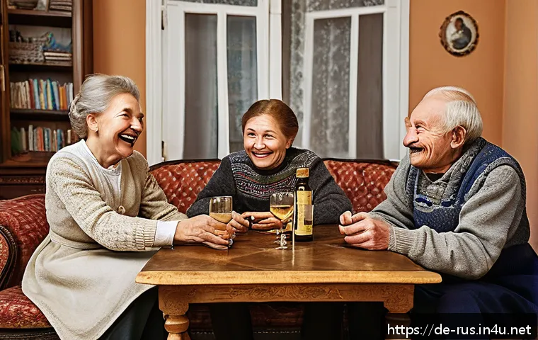 러시아어와 러시아 유머 - A cozy Russian living room scene featuring three generations of a family sharing laughter over a tra...